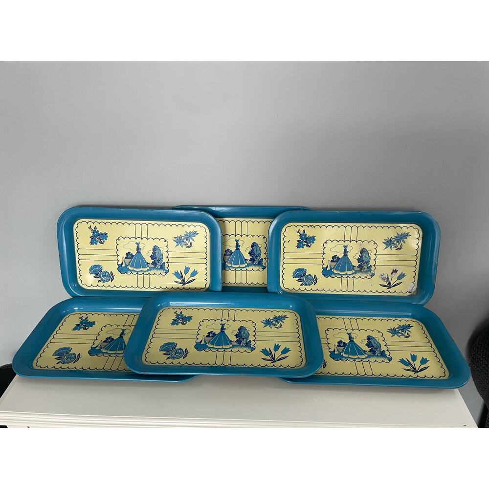 Vtg Metal Serving Trays Blue & Yellow Floral Victorian Lady in Dress Set of 6